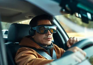 a man driving a car with AR glasses on